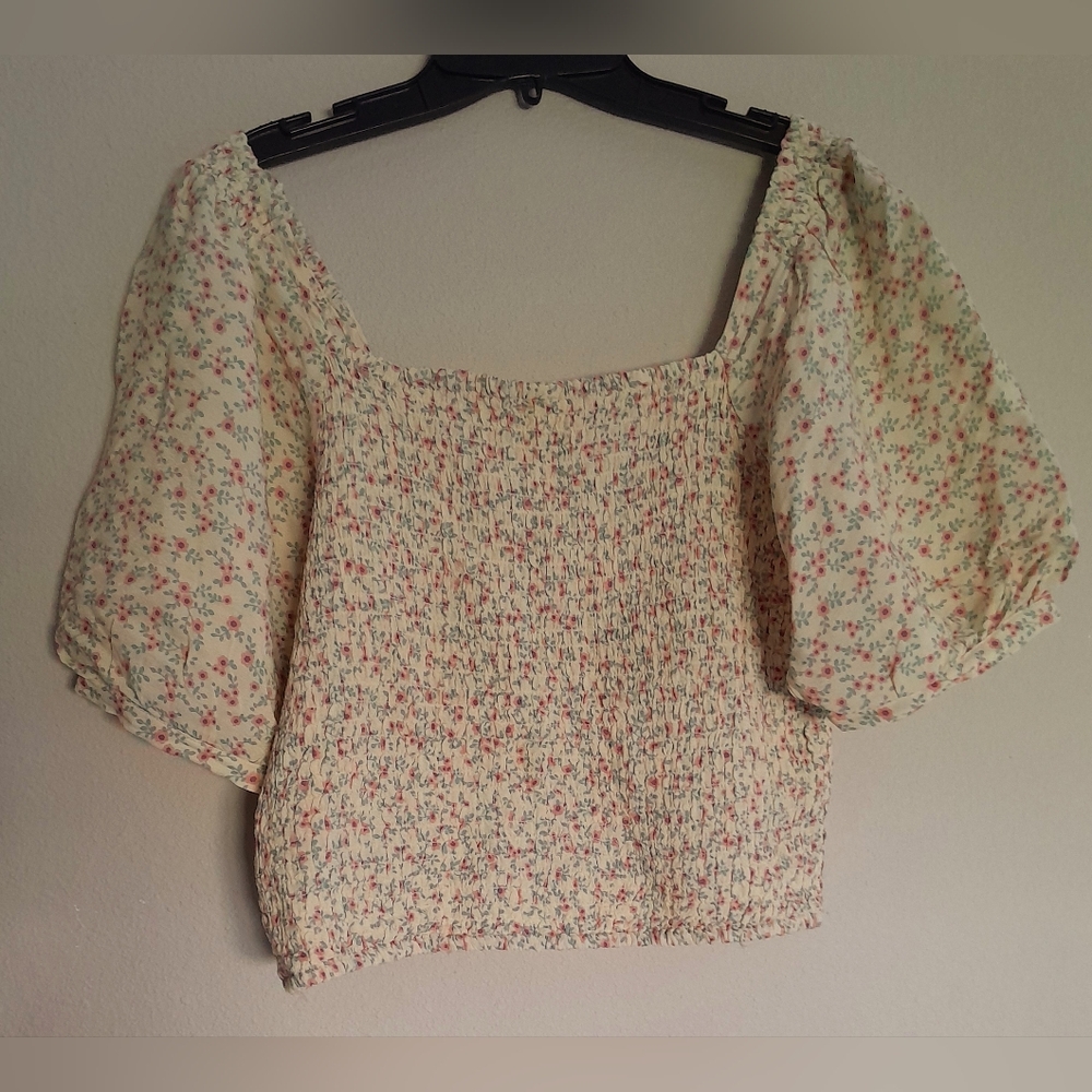 Sophie Rue Cream Smocked Puff Sleeve Crop Top